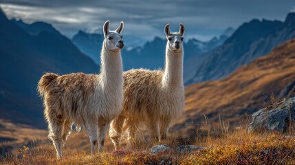 Fototapeta premium Two llamas on a sunlit ridge with a dramatic mountain backdrop