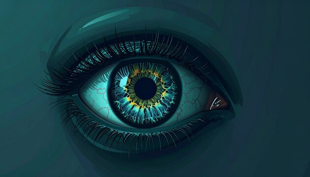 close-up biometric iris scan with glowing pattern on dark teal background
