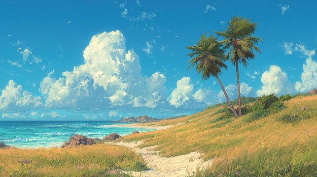 Bright beach scene with palm trees and blue sky near coast