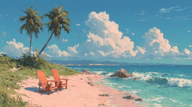 Chairs on the beach near the ocean under the blue sky