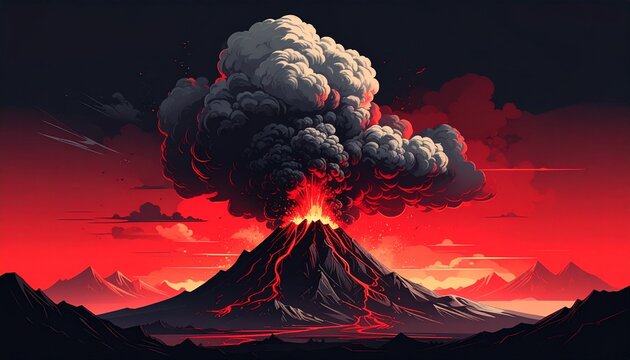 dramatic volcanic eruption with ash cloud and glowing lava at dusk