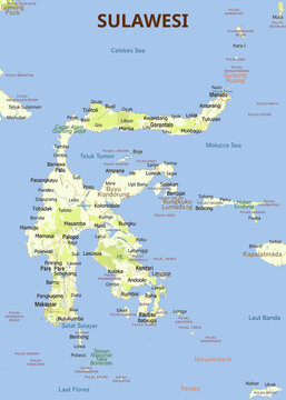 Comprehensive geographic and topographic map of Sulawesi, Indonesia, detailing major cities, mountain ranges, and surrounding maritime features.