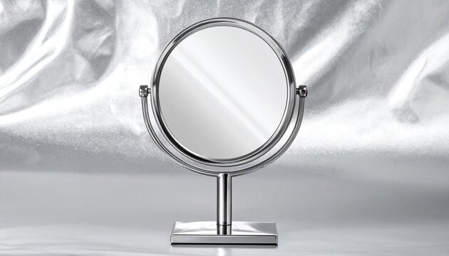 elegant round vanity mirror on silver stand minimalist reflection close-up
