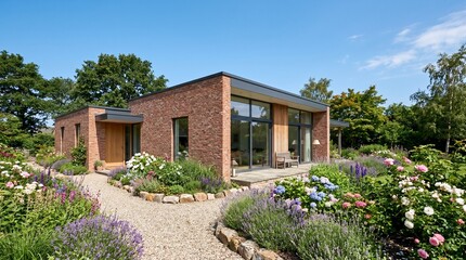 Fototapeta premium A modern brick house with large windows, surrounded by a lush garden filled with colorful flowers and winding stone paths.