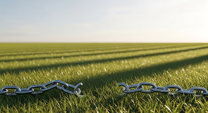 A metal chain lies on green grass in a sunny field with long shadows.
