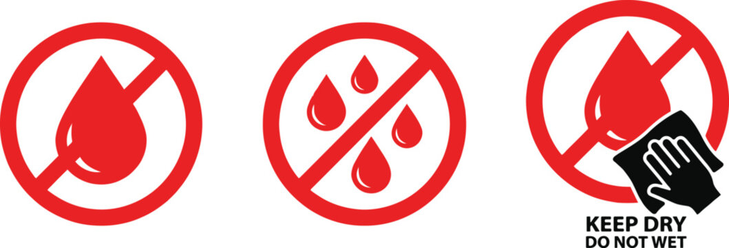 Set of keep dry and do not wet warning signs with water drop icons