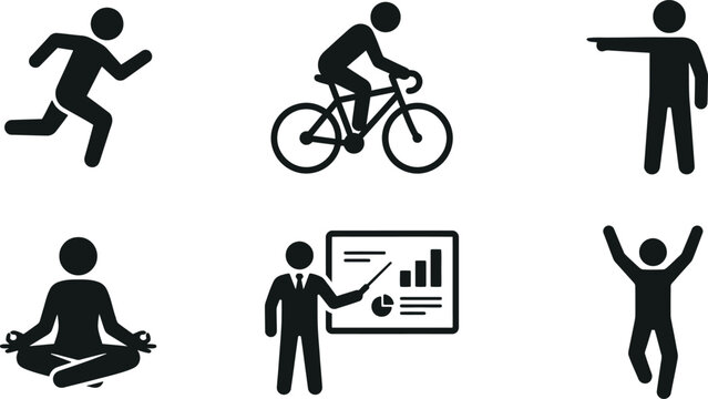 Set of black human figure icons showing running cycling pointing yoga and business presentation actions