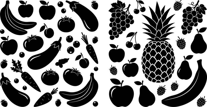 Black fruit and vegetable silhouette collection with large detailed and small grid icon variations pineapple banana broccoli carrot set vector illustration