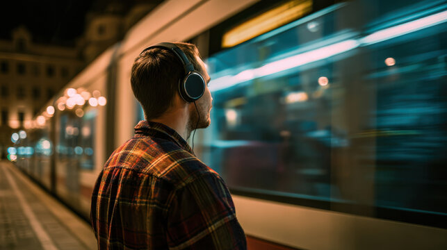 Man listening to music while commuting by train