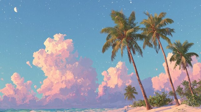 Palm trees on a beach under a starry sky in the evening