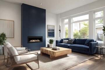 Fototapeta premium Stylish modern interior: navy blue seating, white walls, and a clean-lined fireplace