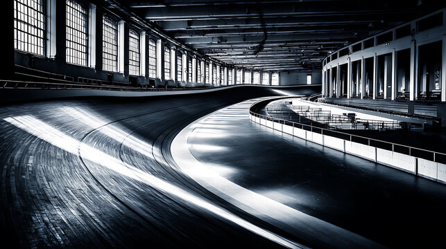 Indoor cycling track with light beams emphasizing precision, focus, and dedication