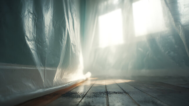 Room with plastic sheeting and sunlight perfect for social media campaigns and vlogs
