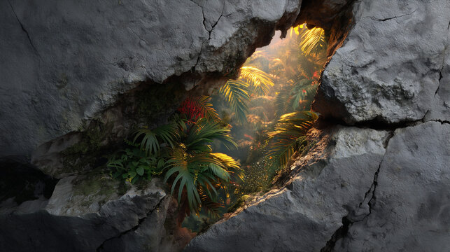 Ai Bright green plants grow inside a large crack in the grey stone wall with light shining through the opening