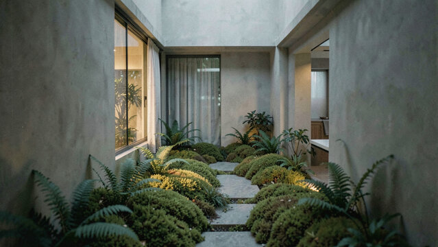 Serene modern courtyard with lush greenery and minimalist concrete architecture