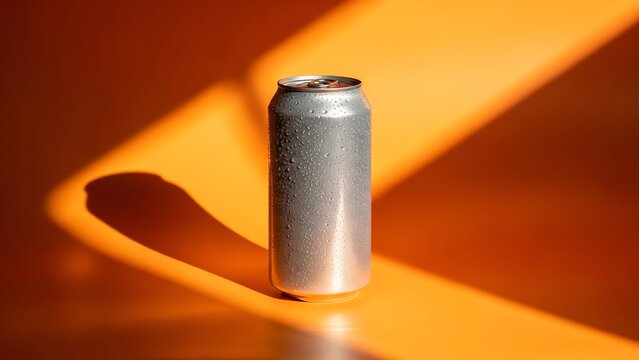 Close-up of a cool aluminum beverage can with water droplets, illuminated by warm sunlight casting a dramatic shadow