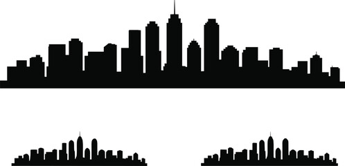 Obraz premium Black silhouette illustrations of diverse city skylines featuring skyscrapers, tall buildings, and urban architecture for creative design and educational projects