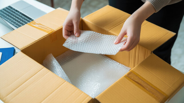 person unpacking cardboard box with bubble wrap