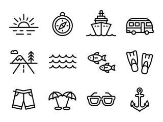 Vector of travel icons including a mountain, sun, compass, and cruise ship © Betto