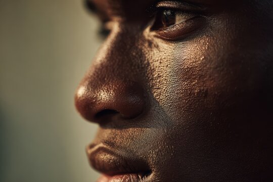 Nose and mouth profile study of a young man with rich skin tone in warm light