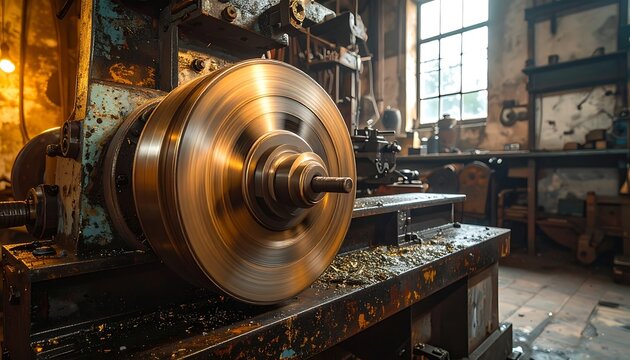 A large metal lathe machine in an industrial workshop