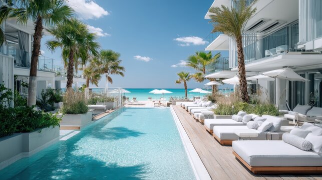 Relaxing coastal retreat: white luxury hotel, expansive pool, and turquoise sea