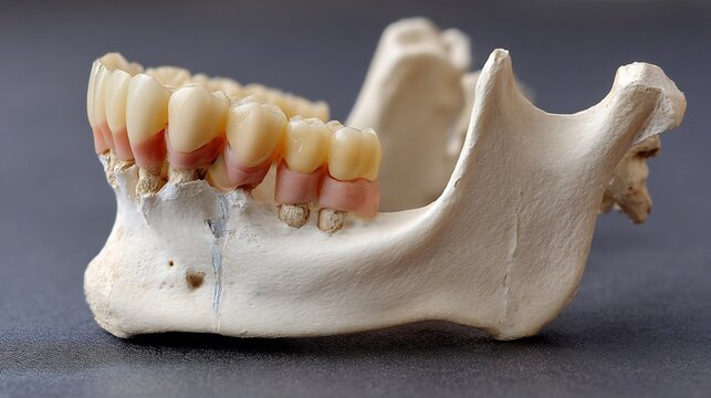 Jawbone model displays human teeth and dental structures in a realistic medical educational tool.