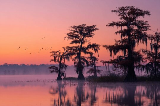 Sunset over a misty swamp bayou with cypress trees and Spanish moss