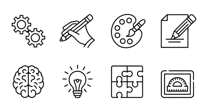Vector featuring icons representing creativity problem-solving and design skills in a minimalist layout