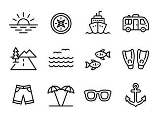 Vector of a collection of summer vacation icons including nature, water, and travel elements. © Betto