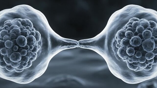 A high-quality 3D medical animation showing the process of a biological cell dividing into two daughter cells, known as mitosis. The footage features a detailed microscopic view with realistic texture