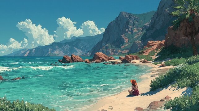 Sitting by the water on a sunny beach with mountains nearby