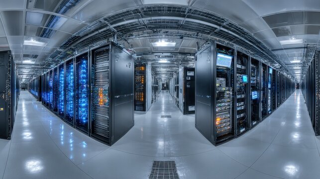 Row after row of server racks in a modern data center with cool blue lighting