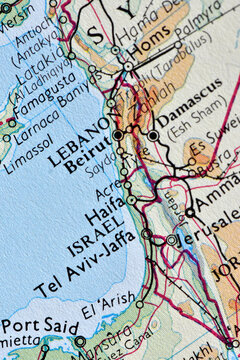 A detailed close-up of a vintage political map focusing on the borders, coastlines, and major cities of Lebanon and Israel along the eastern Mediterranean.