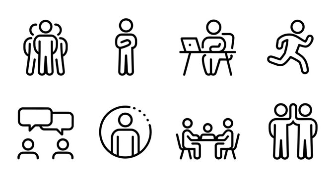 Set of vector icons representing various human activities including teamwork conversation and exercise