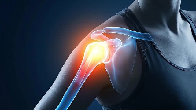 Shoulder rotator cuff injury causing pain and inflammation in joint and bone anatomy highlighted in medical illustration showing upper arm area with glowing effects for medical concept