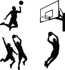 Dynamic basketball player silhouettes in action poses with hoop, showcasing athletic motion, slam dunk energy, and competitive sports design inspiration © MstSakila