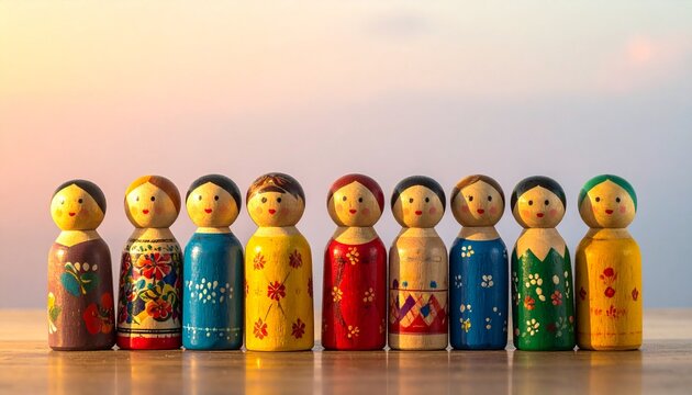A diagonal row of colorful kokeshi dolls glows warmly, each unique in design yet united in form, symbolizing cultural artistry, individuality, and shared heritage.