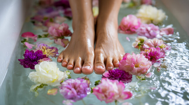 Woman's feet relaxing in flower petal bath