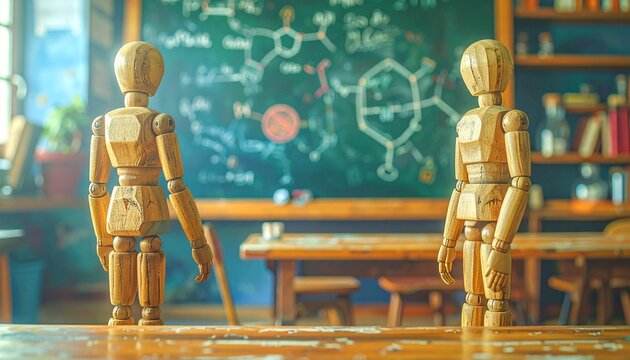 Two wooden mannequins stand before a chalkboard filled with equations and molecular diagrams, symbolizing learning, creativity, and the fusion of art with scientific discovery.