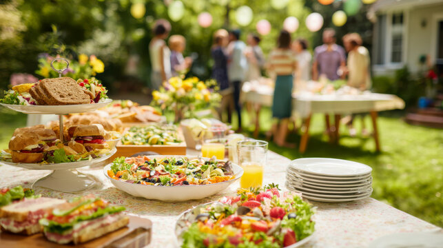 Garden party buffet table serving salads and sandwiches