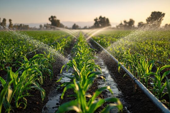 Spring corn field with irrigation sprinklers watering young plants