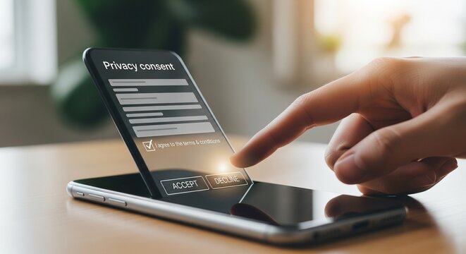 Hand touching smartphone screen with privacy consent form and accept button