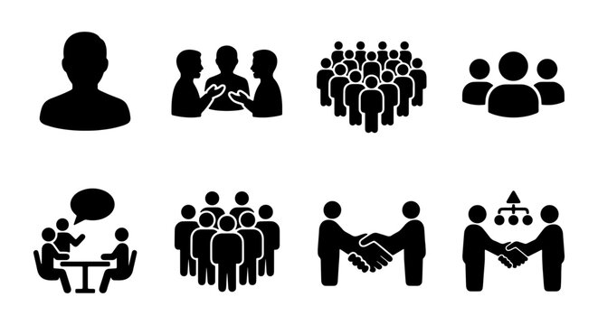 a collection of simple black and white vector silhouettes representing various business-related concepts such as