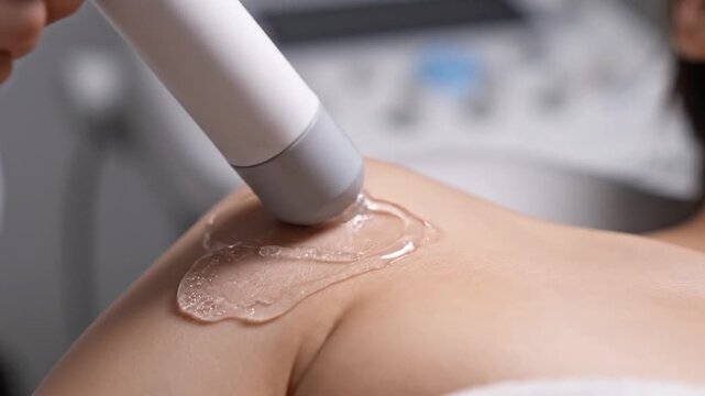 Close-Up View of Aesthetic Treatment on Shoulder Using Gel Application with Professional Device in Clinical Environment