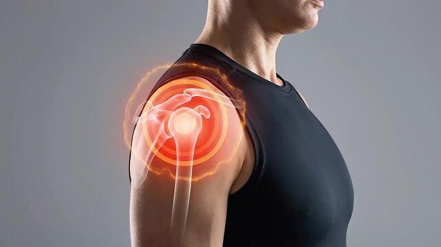 Shoulder rotator cuff injury pain inflammation anatomy joint arm muscular highlighted showing detailed medical illustration discomfort and concern in upper limb region
