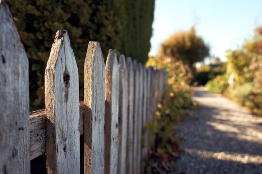 Weathered wooden picket fence in a sunlit garden setting with rustic charm