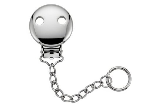 A silver pacifier clip with a round charm and a ring for easy attachment.