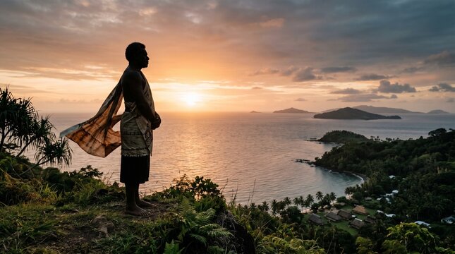 A majestic silhouette of a Pacific Islander man standing on a high cliff overlooking a tropical bay at sunset, wearing traditional tapa cloth attire that flows in the wind