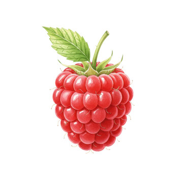 A single ripe red raspberry with intricate drupelets and small green leaves on a stark white background in a soft watercolor minimalist botanical atmosphere